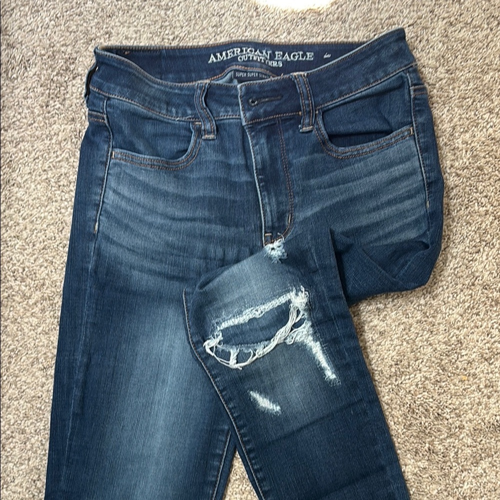 American Eagle Outfitters Blue Skinny Jeans with Distressed Details